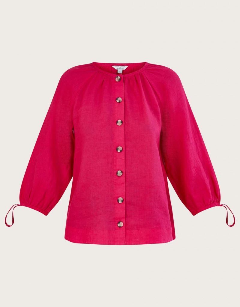 Pink Women's Monsoon Tie Cuff Button Through Linen Blouse | AXB-5009