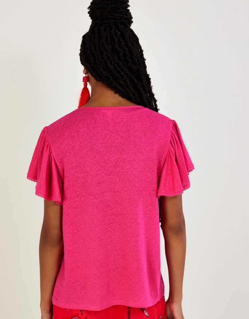 Pink Women's Monsoon V-Neck Woven in Linen Blend Tops | KAL-2039