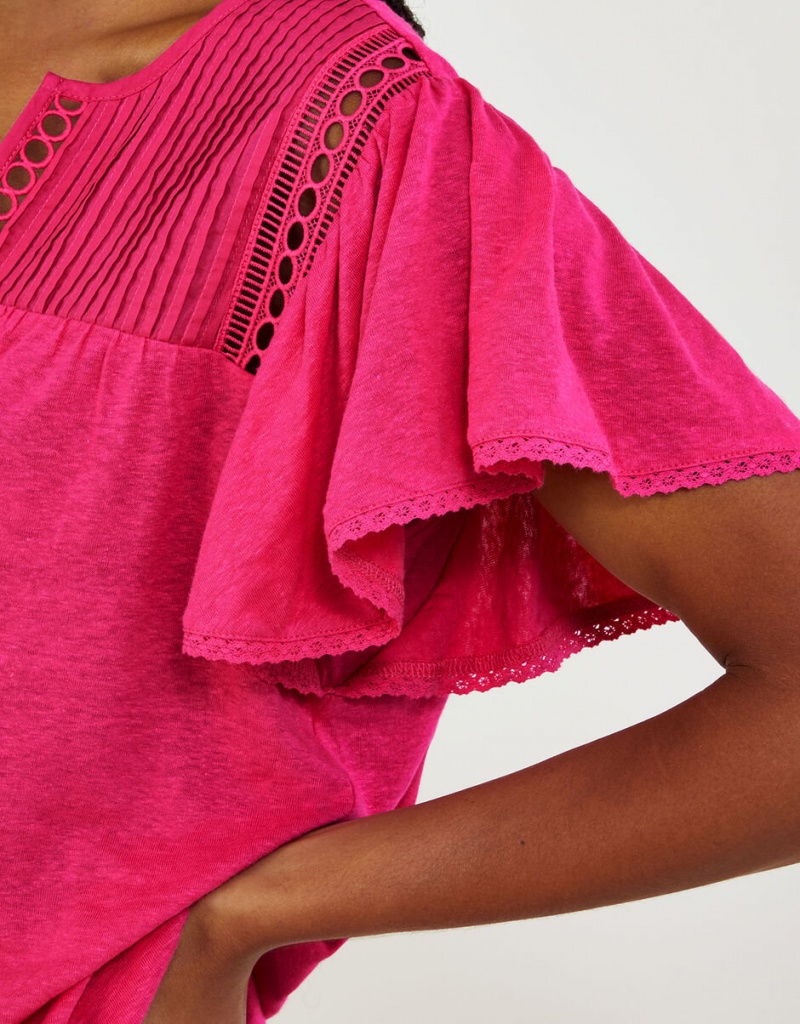 Pink Women's Monsoon V-Neck Woven in Linen Blend Tops | KAL-2039