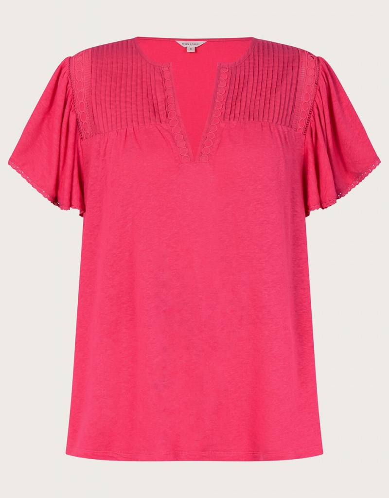 Pink Women's Monsoon V-Neck Woven in Linen Blend Tops | KAL-2039