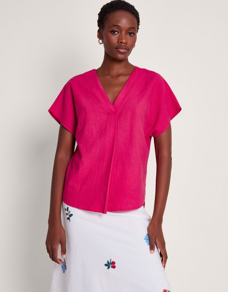 Pink Women's Monsoon Viola V-Neck Pintuck T-Shirt | NXA-6815