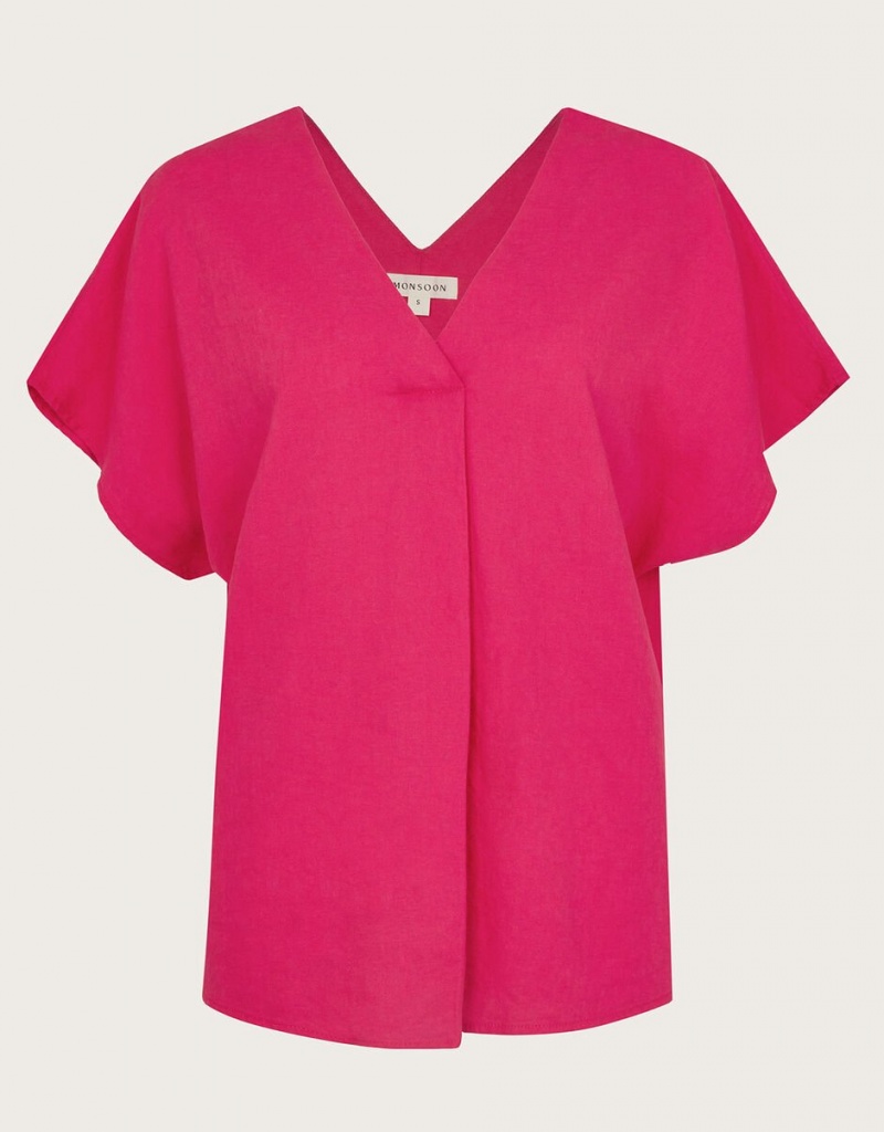 Pink Women's Monsoon Viola V-Neck Pintuck T-Shirt | NXA-6815