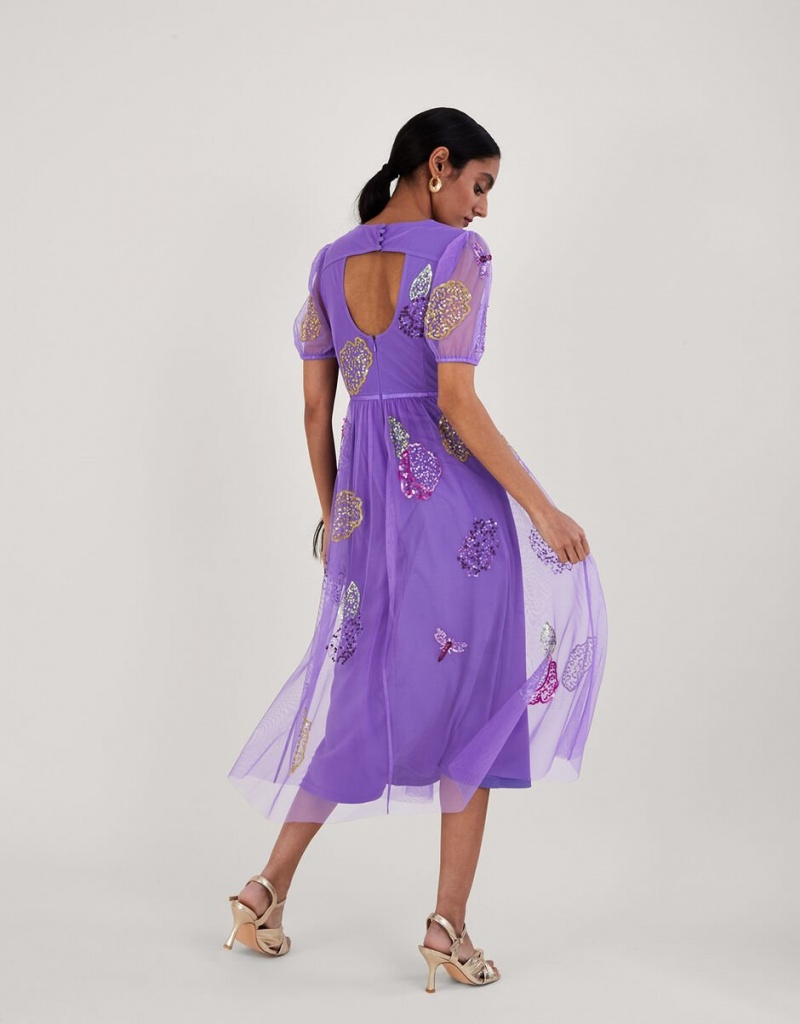 Purple Women's Monsoon Diana Embellished Tea in Recycled Polyester Dress | HUQ-6943