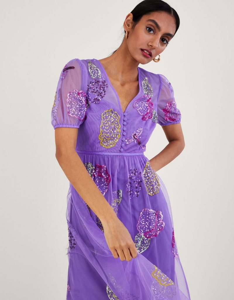 Purple Women's Monsoon Diana Embellished Tea in Recycled Polyester Dress | HUQ-6943