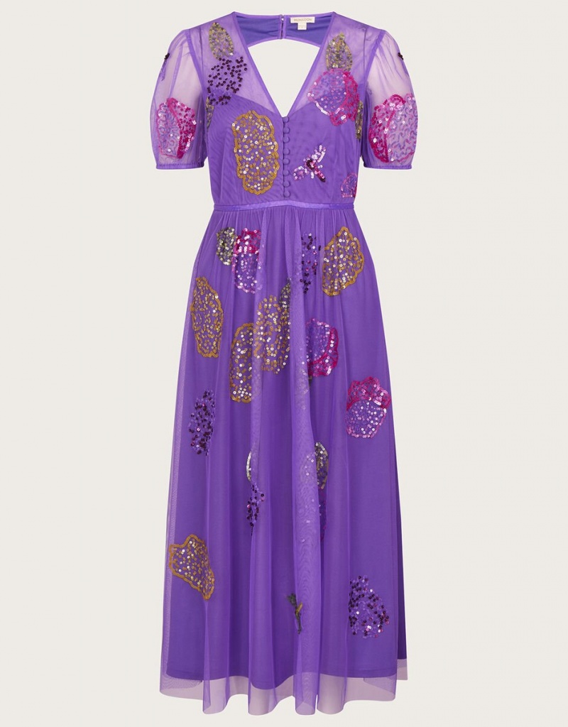 Purple Women's Monsoon Diana Embellished Tea in Recycled Polyester Dress | HUQ-6943