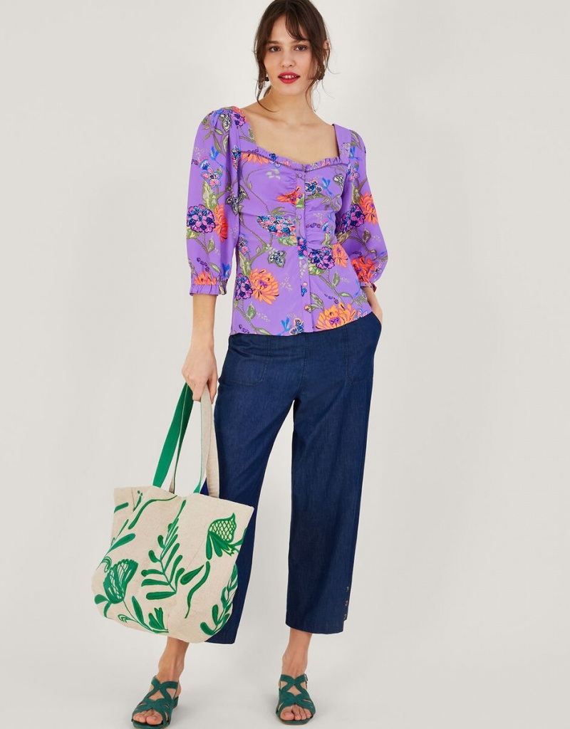 Purple Women's Monsoon Regina Print Puff Sleeve Tops | BVT-5488