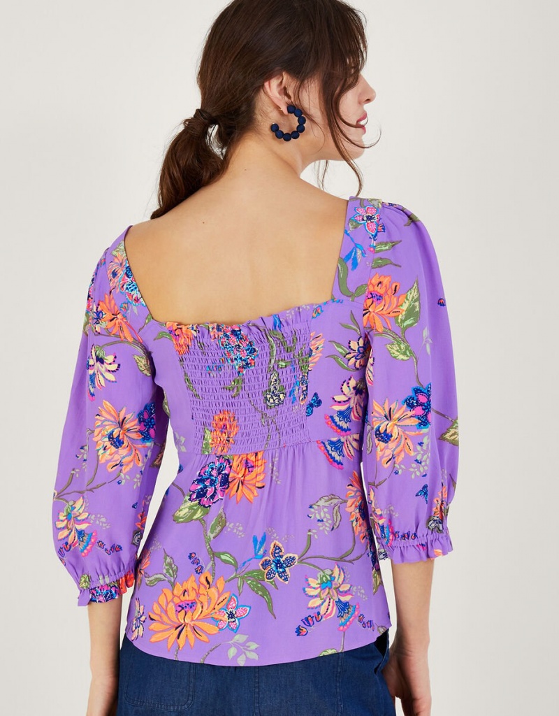 Purple Women's Monsoon Regina Print Puff Sleeve Tops | BVT-5488