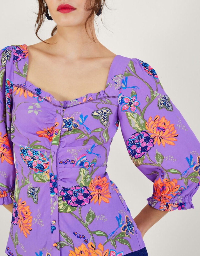 Purple Women's Monsoon Regina Print Puff Sleeve Tops | BVT-5488