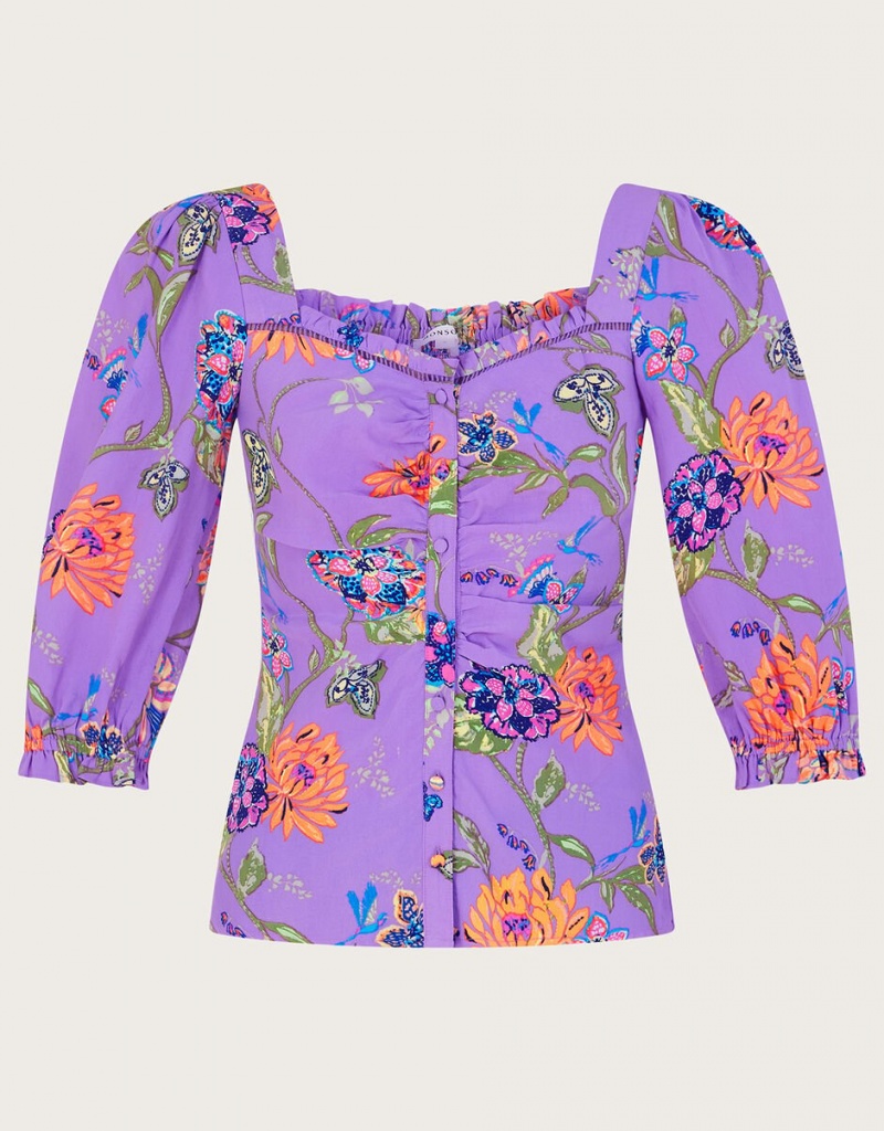 Purple Women's Monsoon Regina Print Puff Sleeve Tops | BVT-5488