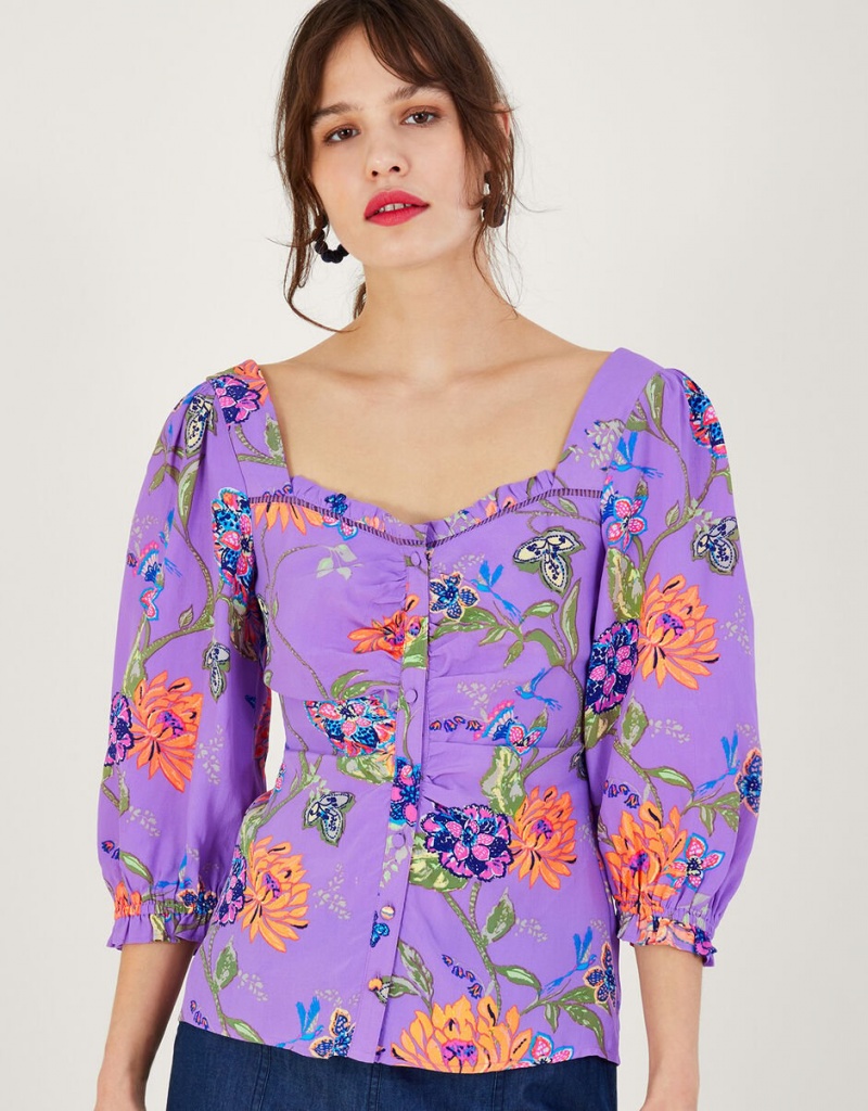 Purple Women\'s Monsoon Regina Print Puff Sleeve Tops | BVT-5488