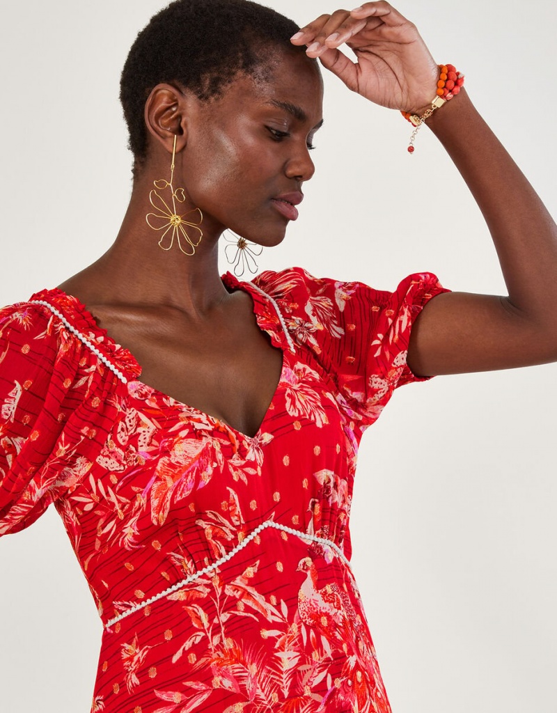 Red Women's Monsoon Arielle Tiered Print with Sustainable Viscose Dress | BAV-1996