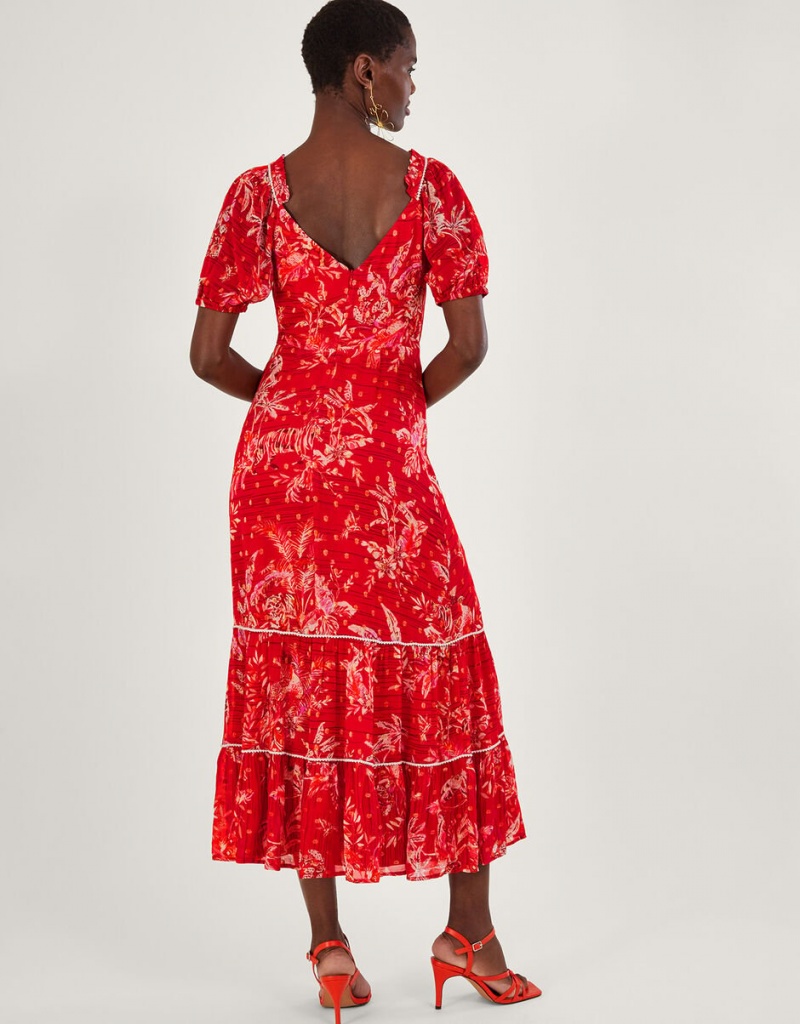 Red Women's Monsoon Arielle Tiered Print with Sustainable Viscose Dress | BAV-1996