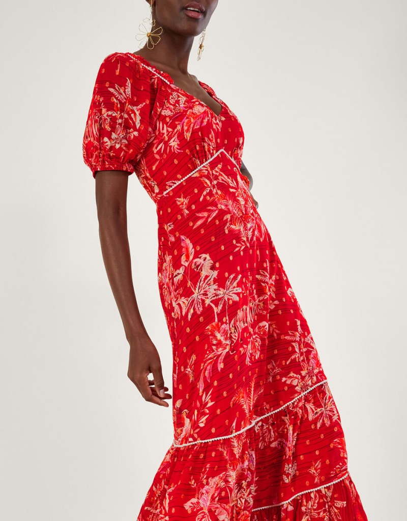 Red Women's Monsoon Arielle Tiered Print with Sustainable Viscose Dress | BAV-1996