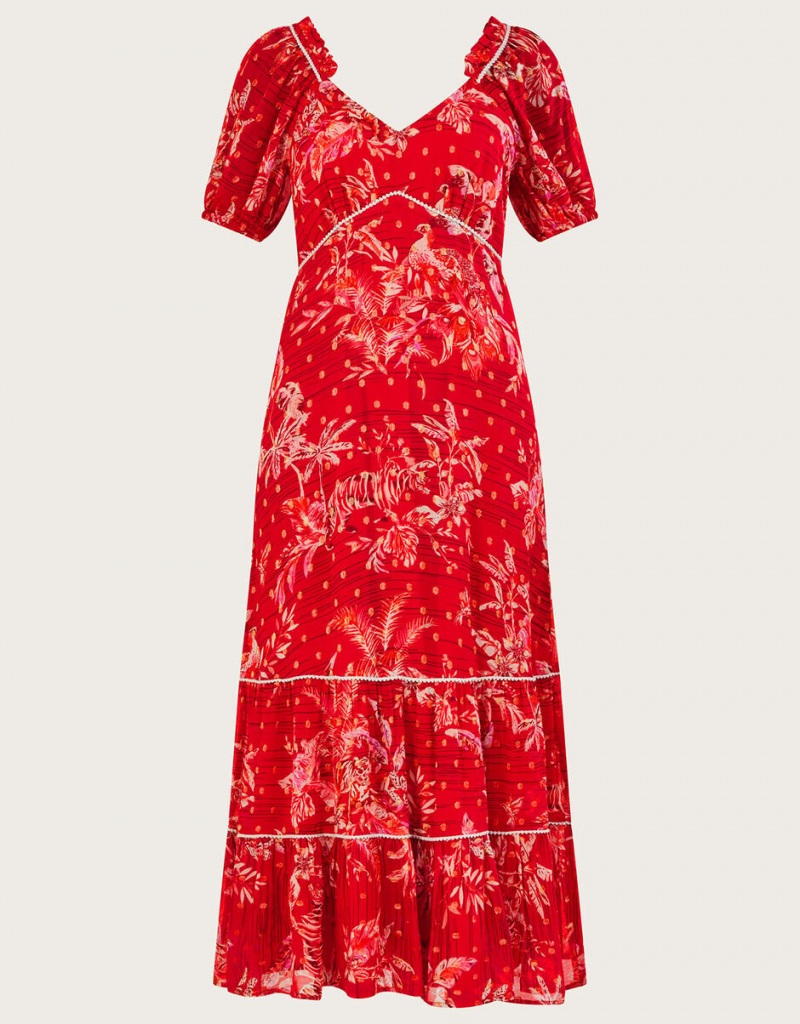 Red Women's Monsoon Arielle Tiered Print with Sustainable Viscose Dress | BAV-1996