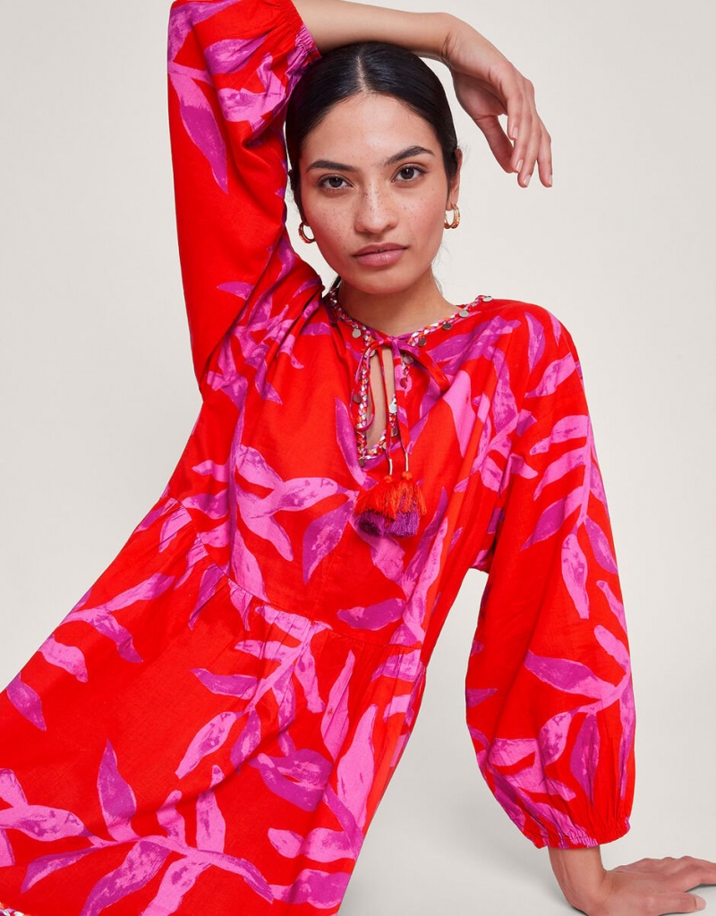 Red Women's Monsoon Arissa Palm Print Kaftans | OWB-1497