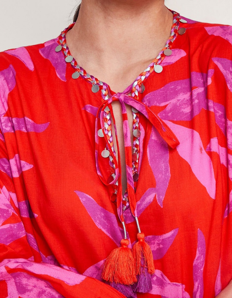 Red Women's Monsoon Arissa Palm Print Kaftans | OWB-1497