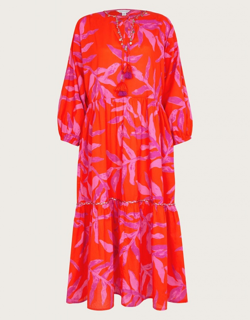 Red Women's Monsoon Arissa Palm Print Kaftans | OWB-1497