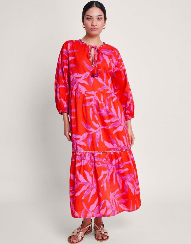 Red Women\'s Monsoon Arissa Palm Print Kaftans | OWB-1497