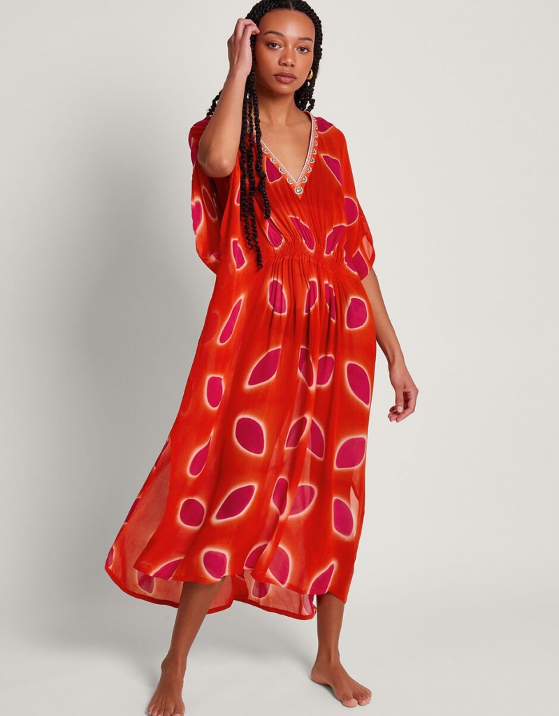 Red Women's Monsoon Calypso Petal Kaftans | QFP-0263