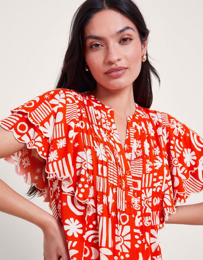 Red Women's Monsoon Dario Print Pleat Tops | UWM-4782