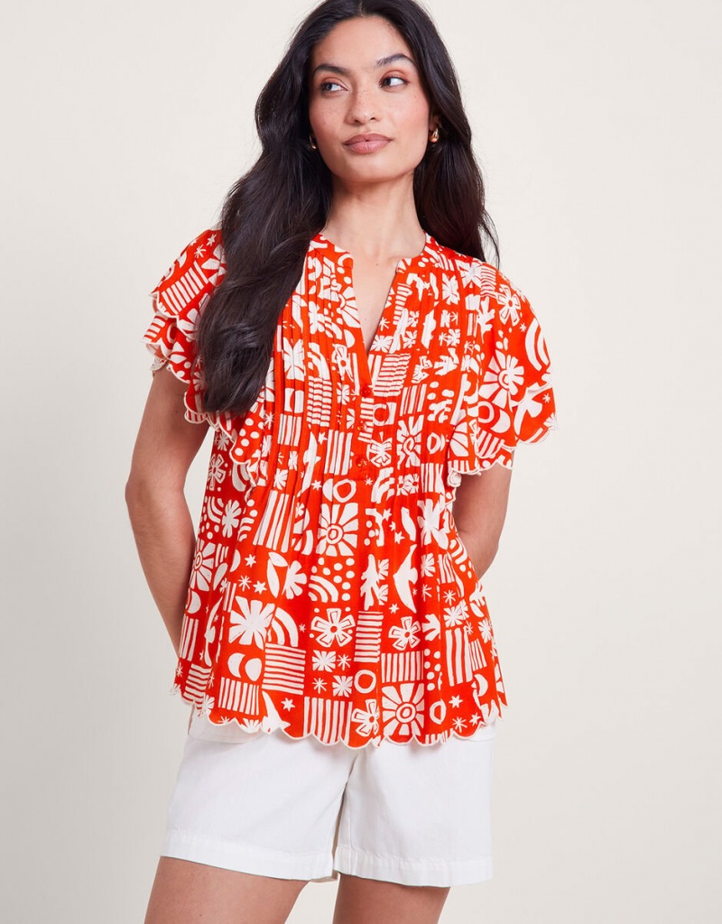 Red Women\'s Monsoon Dario Print Pleat Tops | UWM-4782