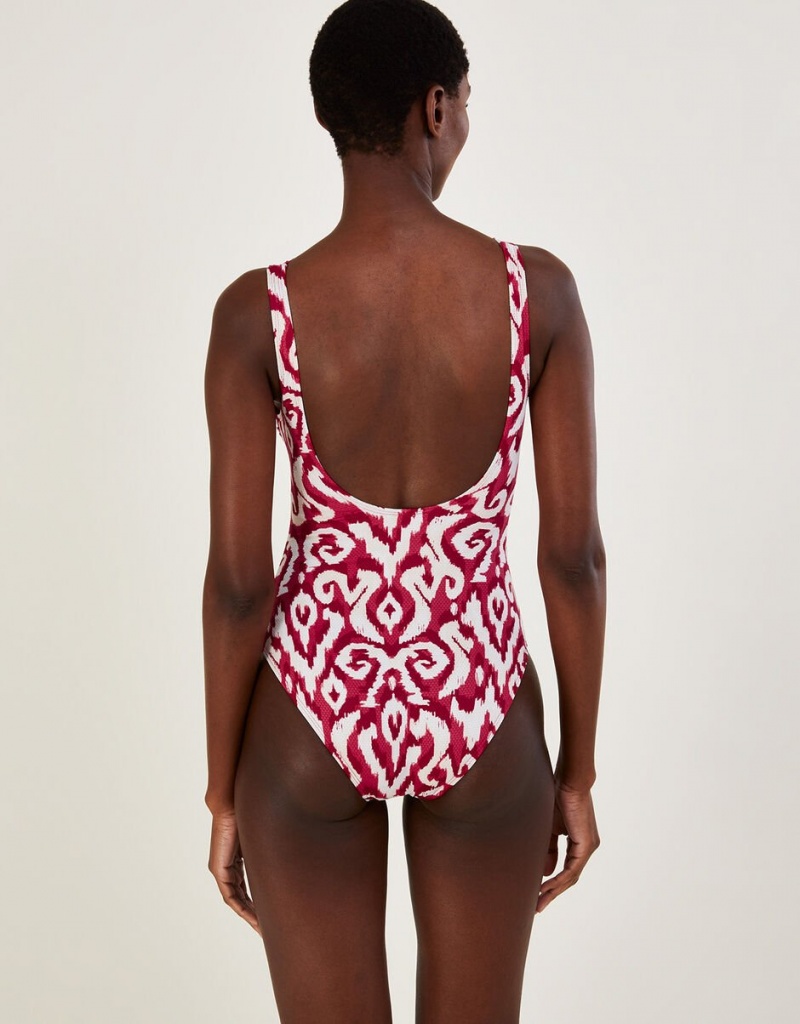 Red Women's Monsoon Ikat Print Tie-Up Swimsuit with Recycled Polyester Swimwear | NYN-8374