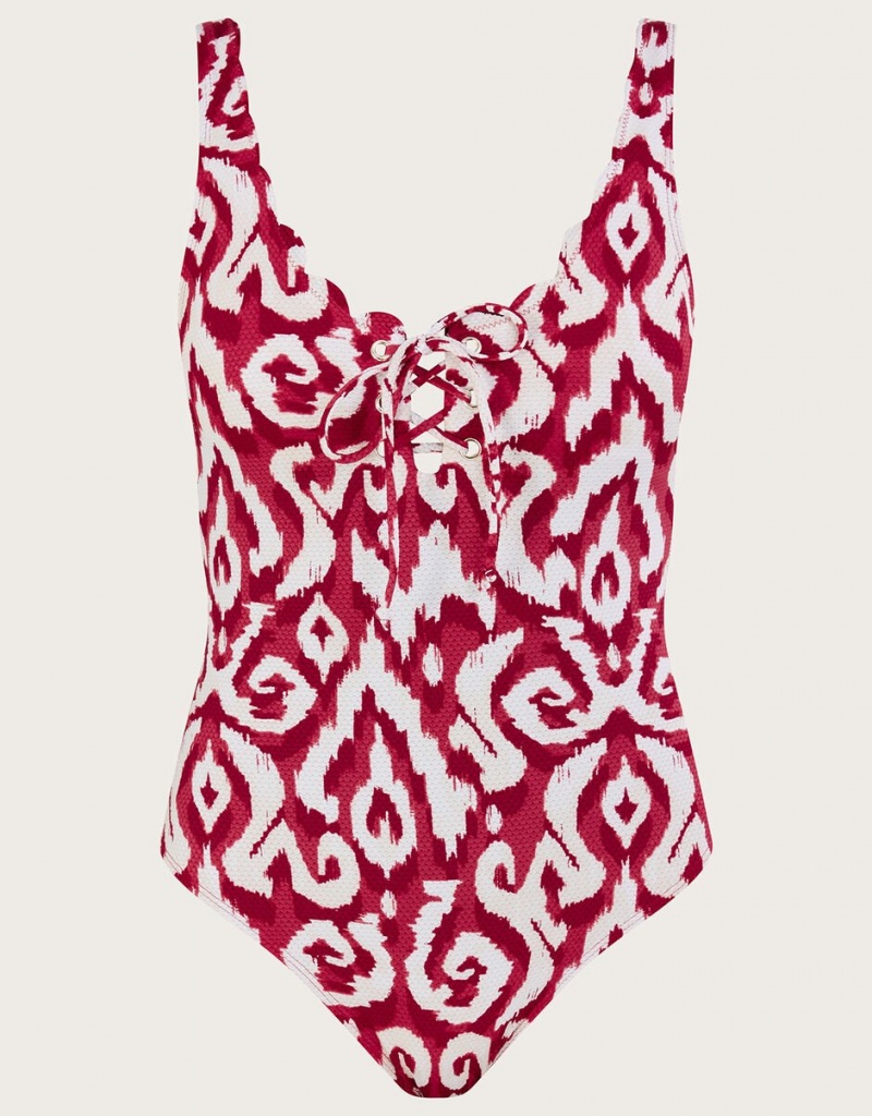 Red Women's Monsoon Ikat Print Tie-Up Swimsuit with Recycled Polyester Swimwear | NYN-8374