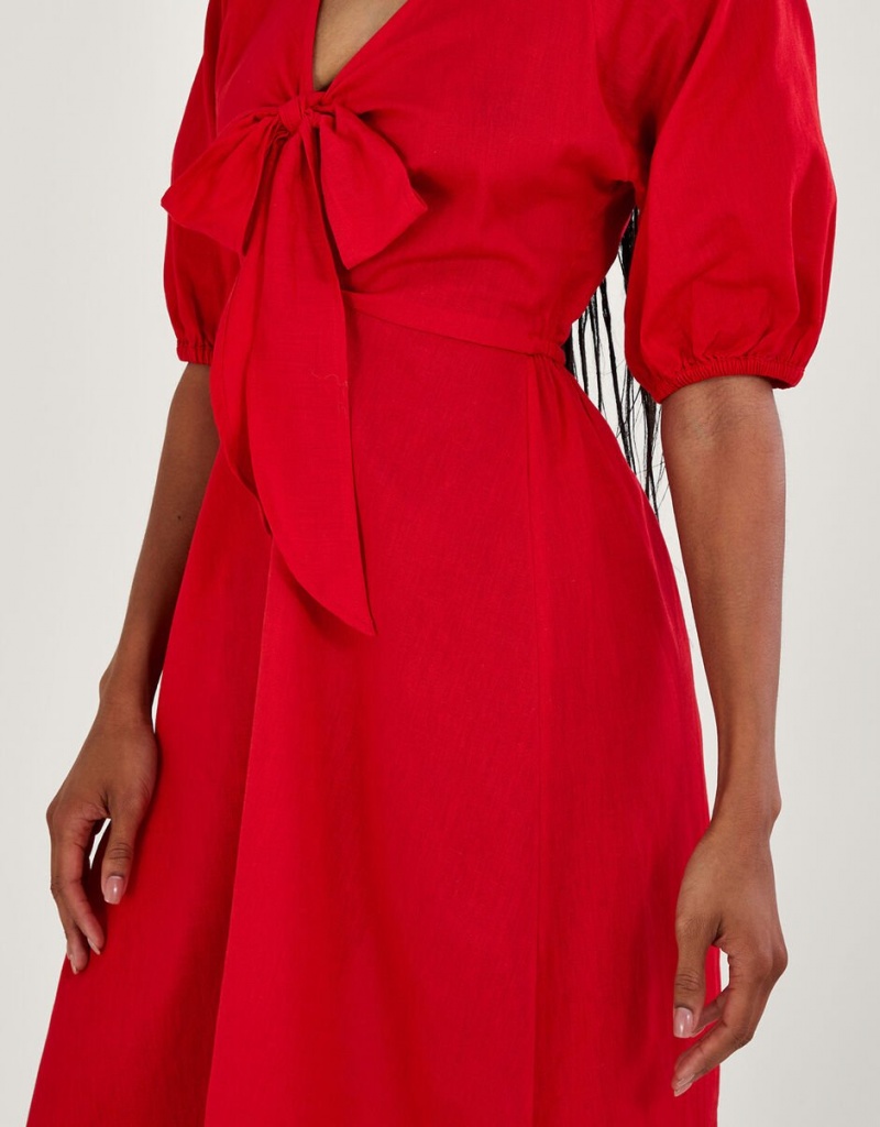 Red Women's Monsoon Inez Plain Tie Front Midi Dress | MVF-0555