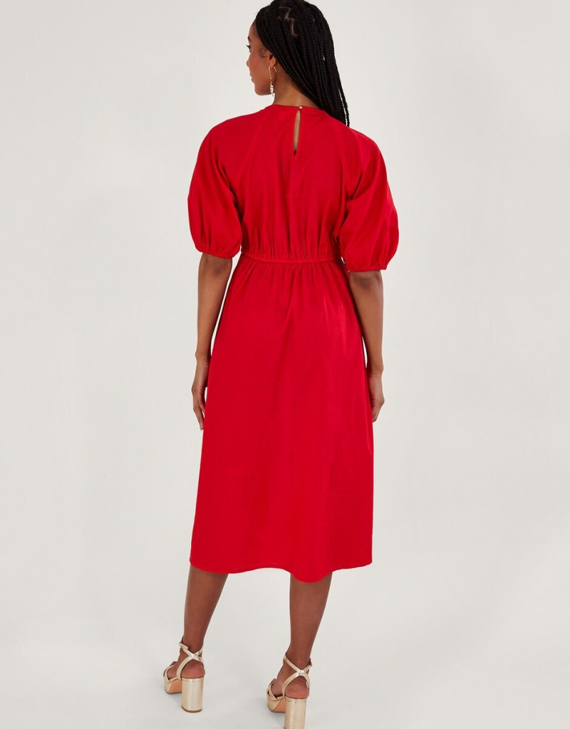 Red Women's Monsoon Inez Plain Tie Front Midi Dress | MVF-0555