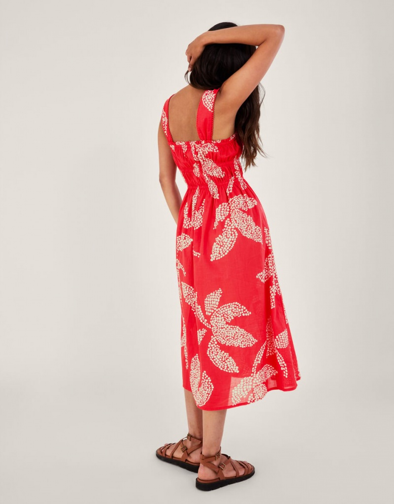 Red Women's Monsoon Palm Spot Print Midi Sundress in Sustainable Cotton Dress | RKX-0176