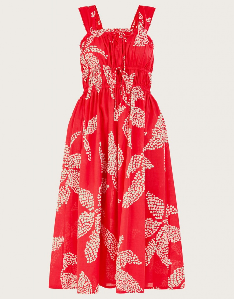 Red Women's Monsoon Palm Spot Print Midi Sundress in Sustainable Cotton Dress | RKX-0176