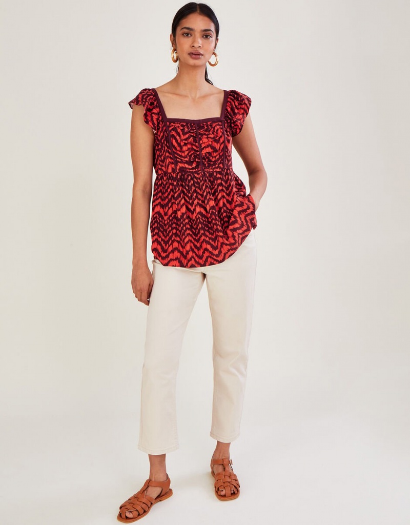 Red Women's Monsoon Ruched Bodice Zig-Zag Animal Print Tops | LNE-1008