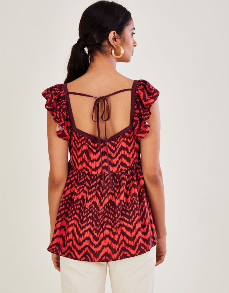 Red Women's Monsoon Ruched Bodice Zig-Zag Animal Print Tops | LNE-1008