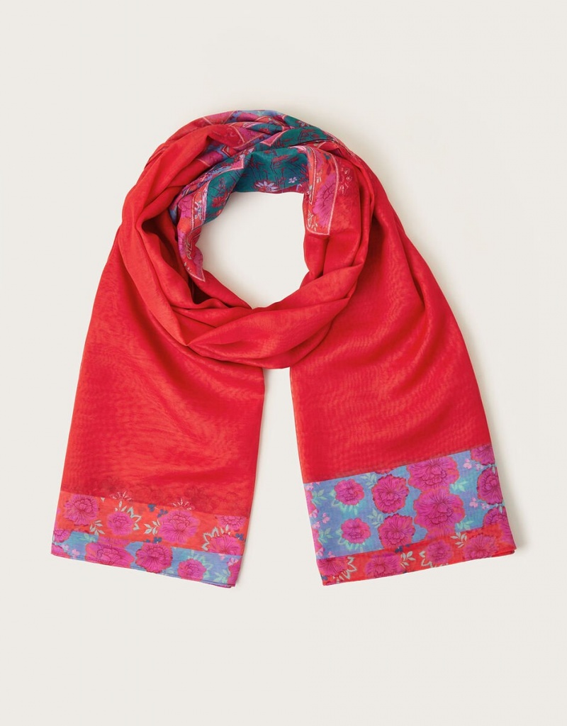 Red Women's Monsoon Tile Print Lightweight Scarves | SOS-4645