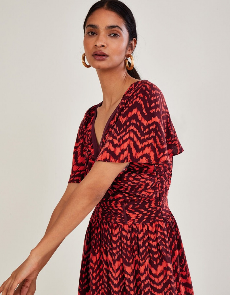 Red Women's Monsoon V-Neck Zig-Zag Animal Print Dress | HKL-8273