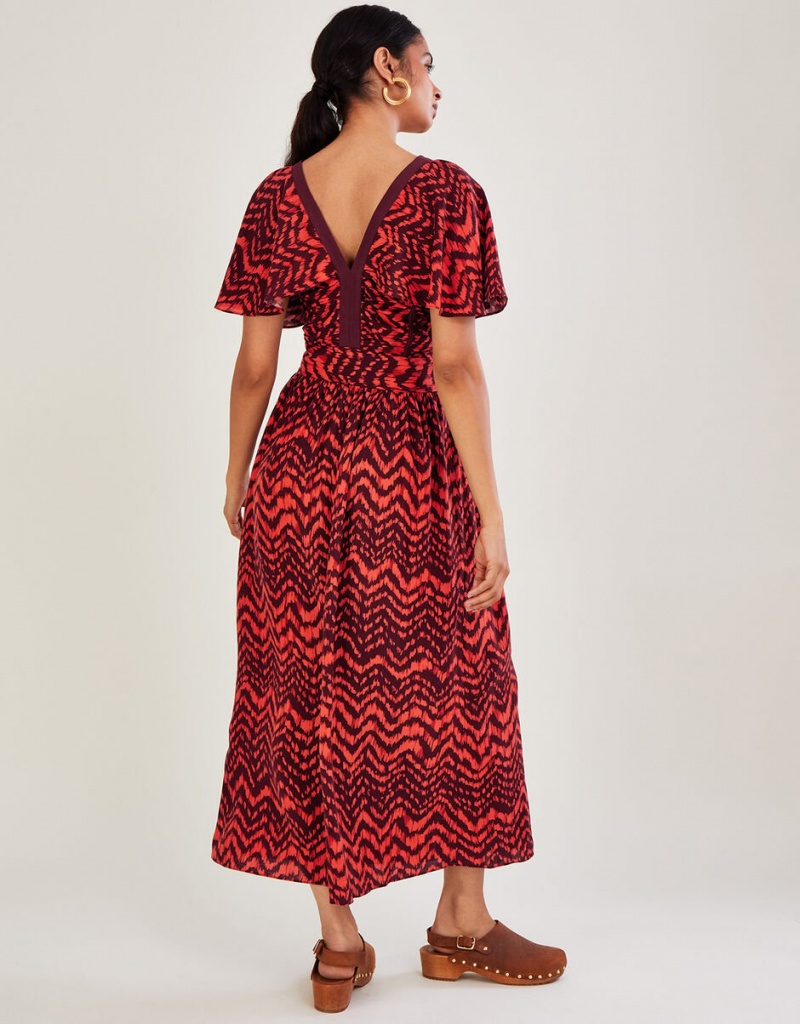 Red Women's Monsoon V-Neck Zig-Zag Animal Print Dress | HKL-8273