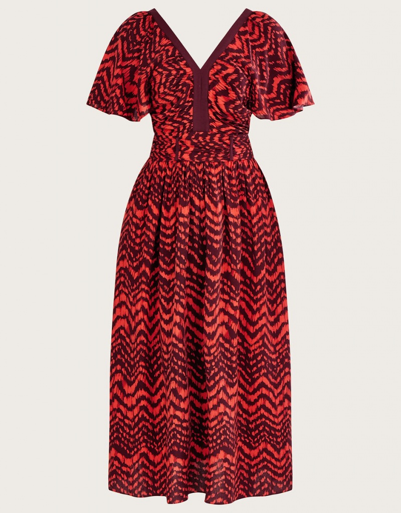 Red Women's Monsoon V-Neck Zig-Zag Animal Print Dress | HKL-8273