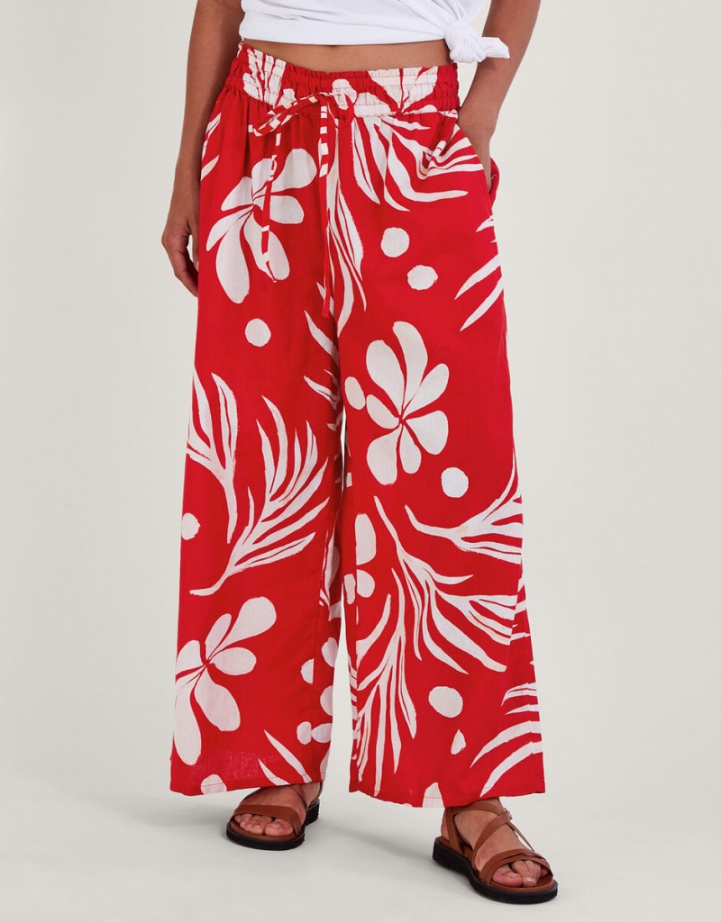 Red Women's Monsoon Wide Leg Palm Print Trousers Pants | JDY-3247