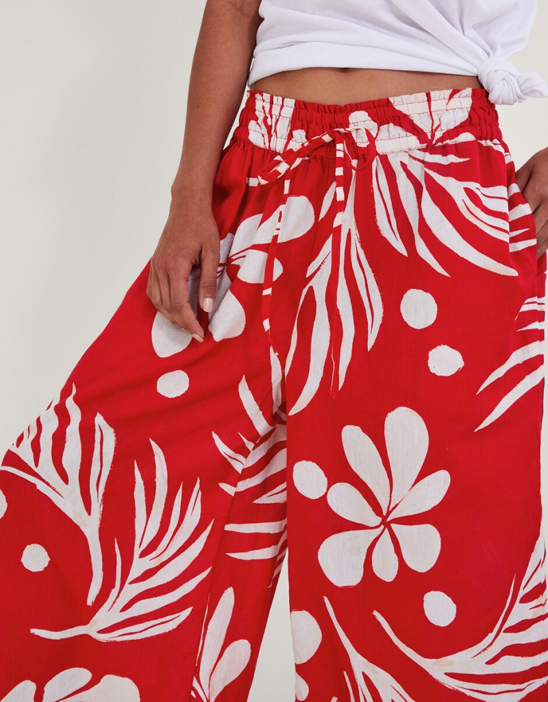 Red Women's Monsoon Wide Leg Palm Print Trousers Pants | JDY-3247