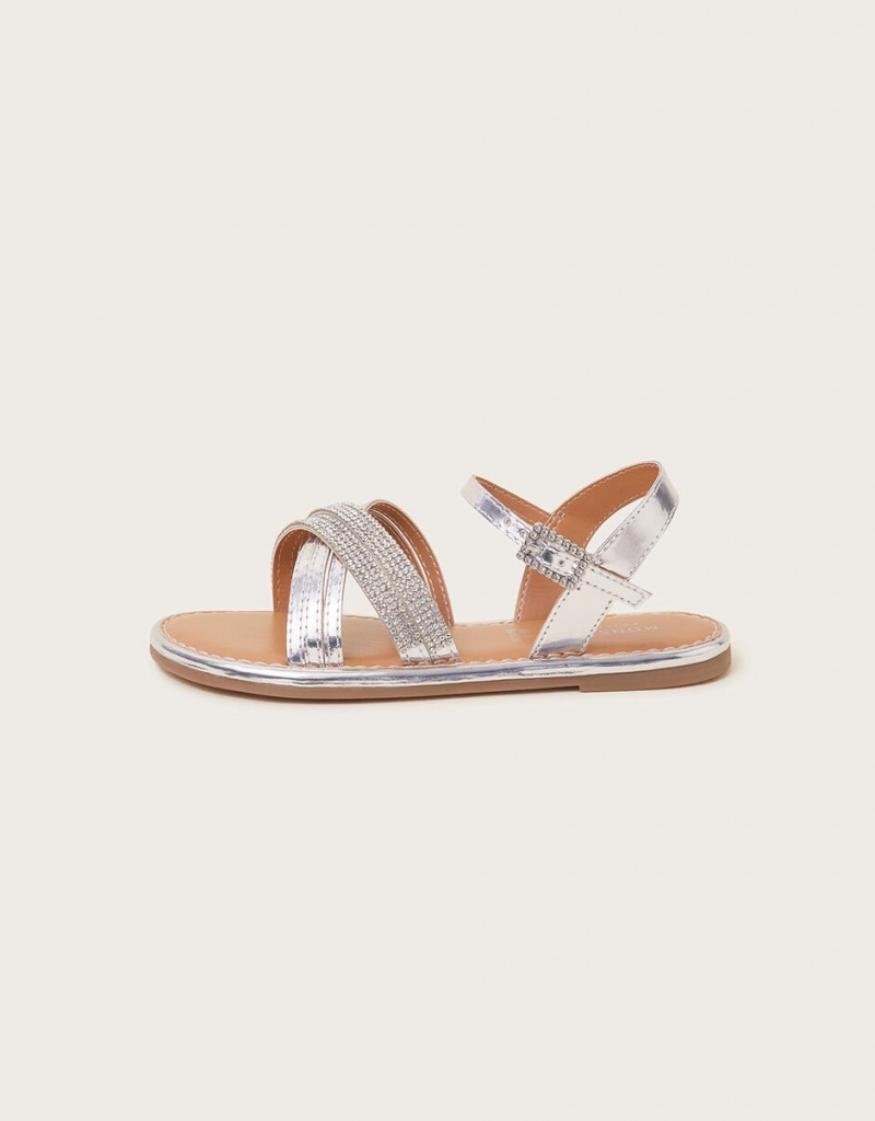 Silver Kids' Monsoon Diamante Cross-Over Sandals | CWH-3915