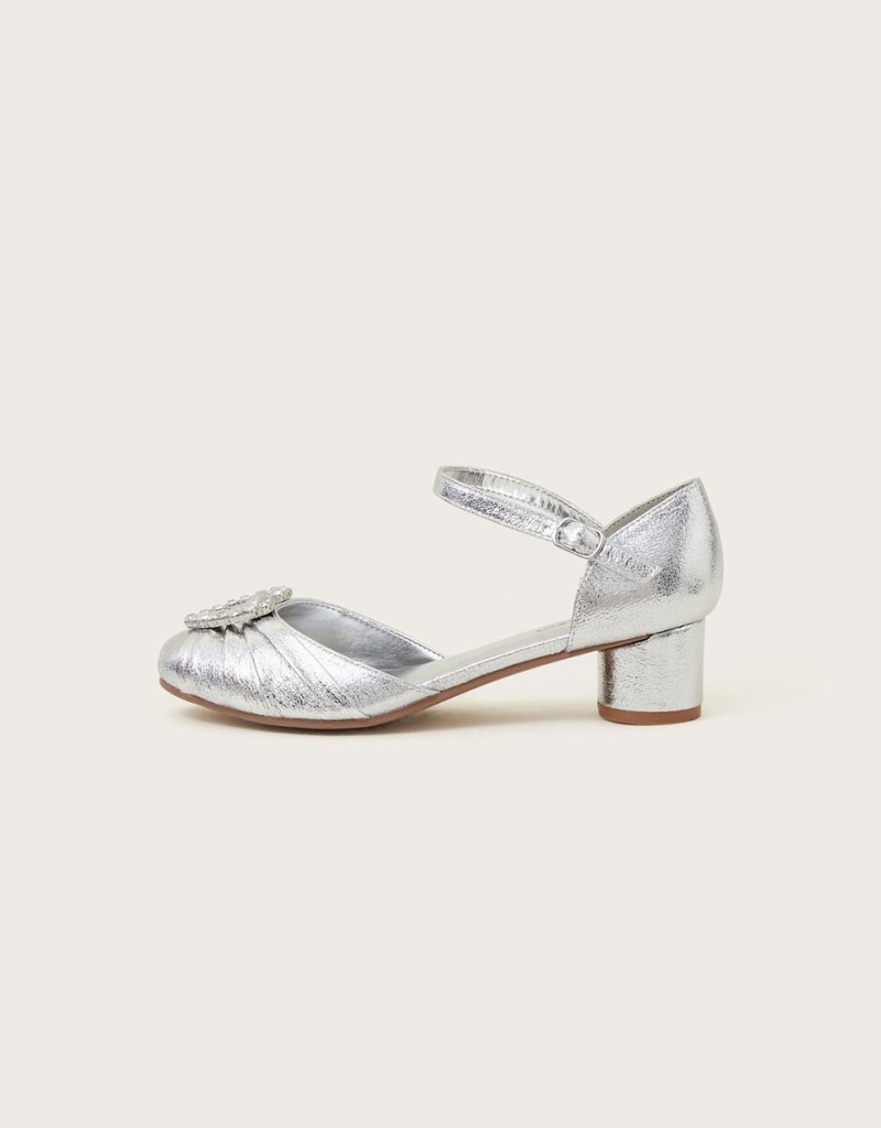 Silver Kids' Monsoon Heart Embellished Heels | LFK-3262