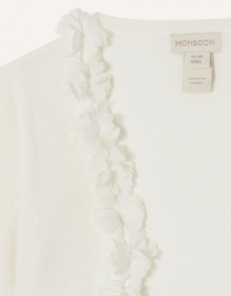 White Kids' Monsoon 3D Floral Trim Cardigan | OHT-3159