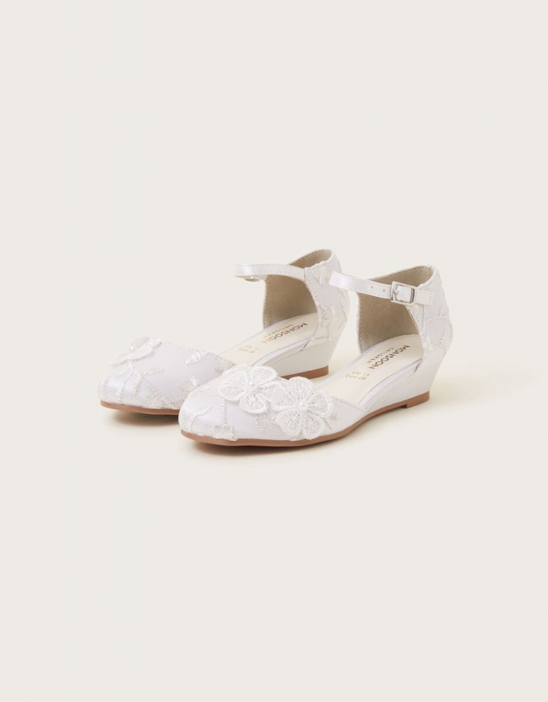 White Kids\' Monsoon Essie Lacey Flower Wedges | GNA-2596