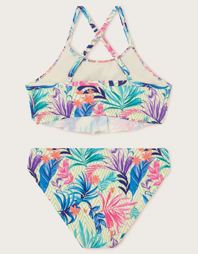 White Kids' Monsoon Palm Print Frill Bikini Set Swimwear | VOL-5294