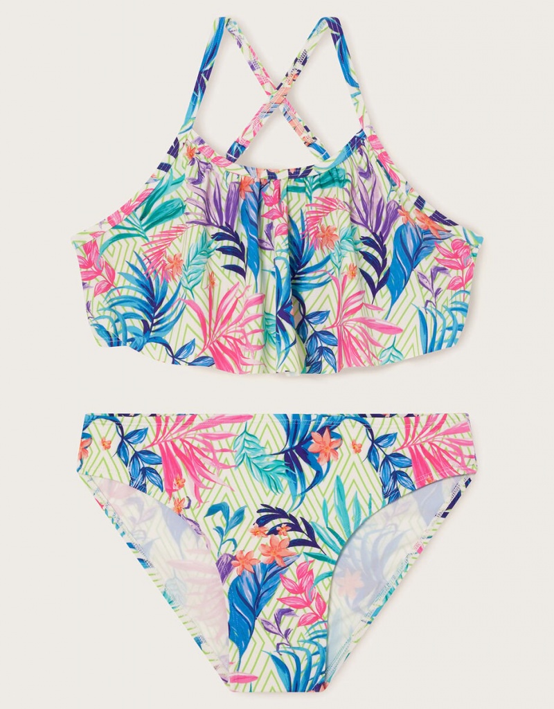 White Kids\' Monsoon Palm Print Frill Bikini Set Swimwear | VOL-5294