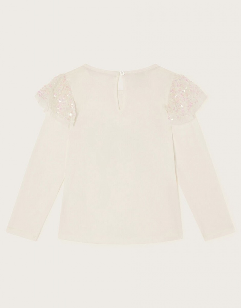 White Kids' Monsoon Sequin Bow Long Sleeve Tops | YXG-8225