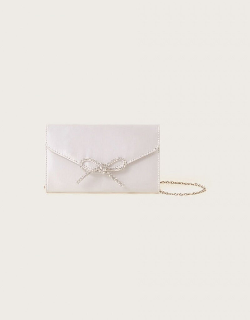 White Women's Monsoon Bow Detail Satin Clutch Bags | SBO-3693