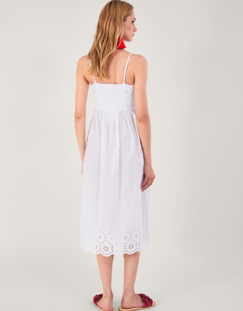 White Women's Monsoon Broderie Neck and Hem Cami Dress | CME-8339