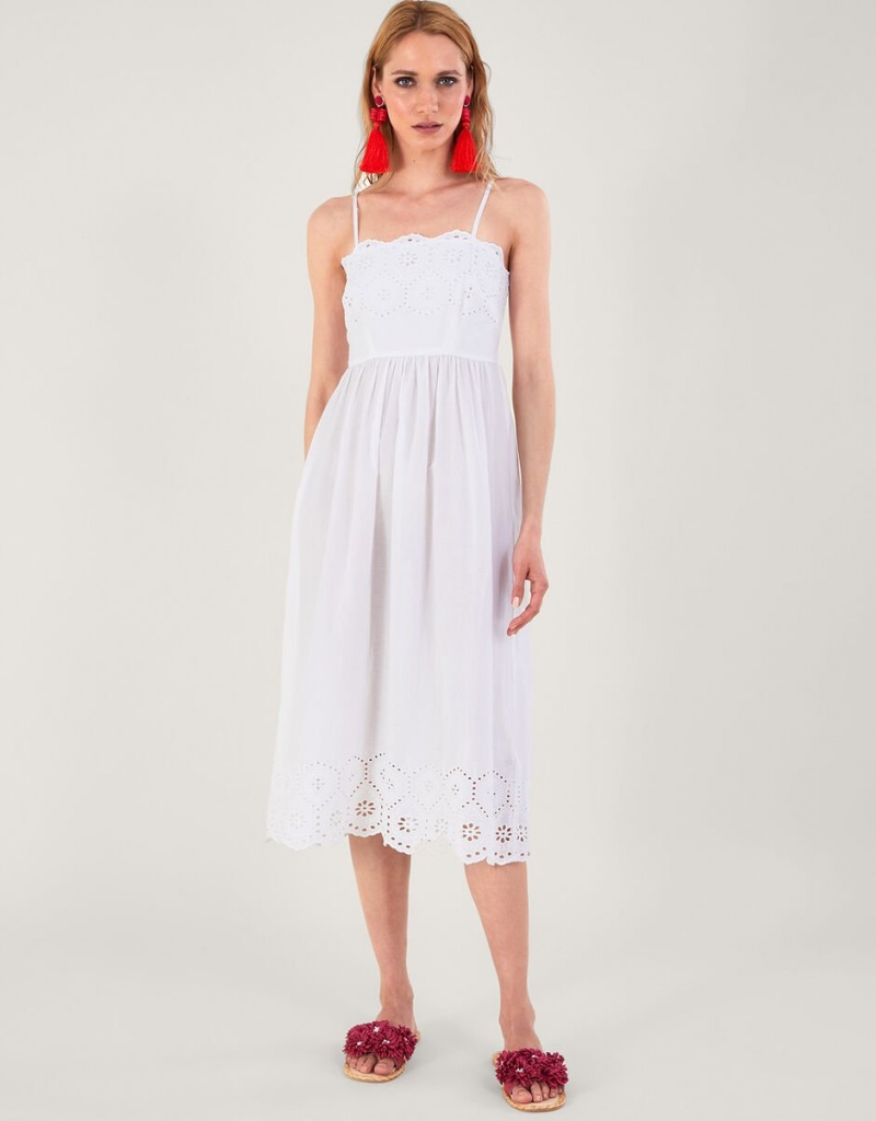 White Women\'s Monsoon Broderie Neck and Hem Cami Dress | CME-8339