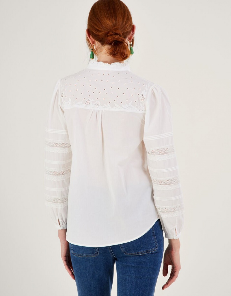 White Women's Monsoon Bronwyn Broderie Pintuck Embroidered Blouse | XBS-2257